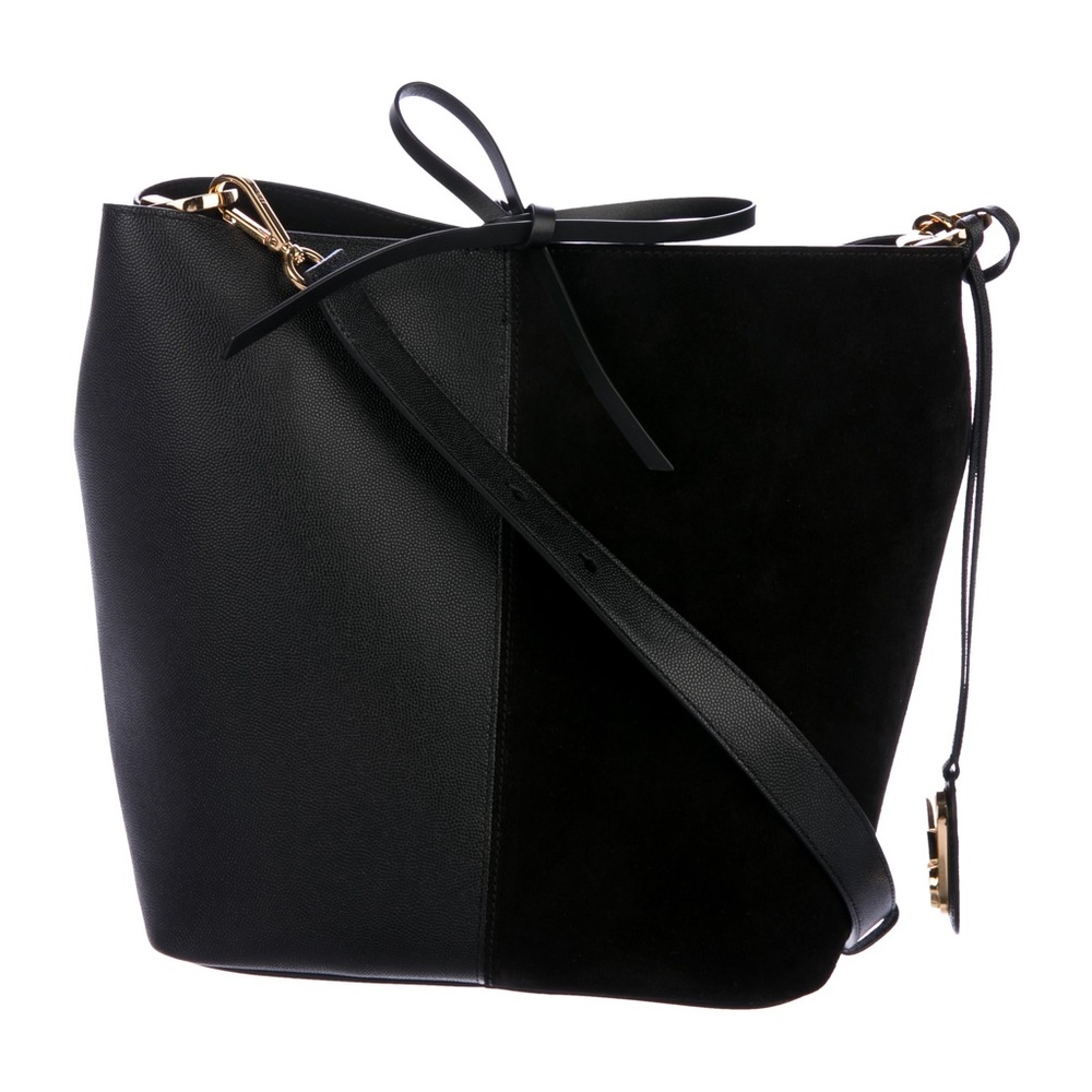 Brand New Stuart Weitzman 5050 Black Leather Suede Bucket Bag Purse w Storage